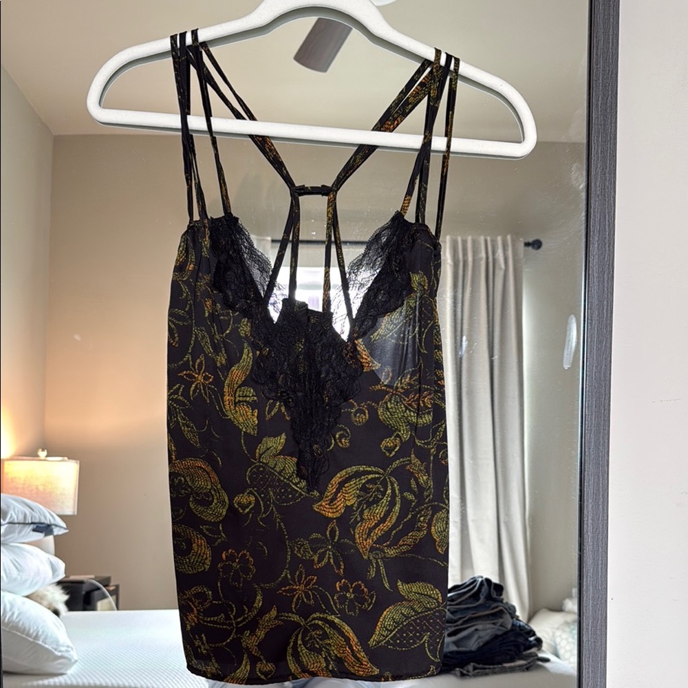 Free People Black and Gold Floral Lace Tank Top